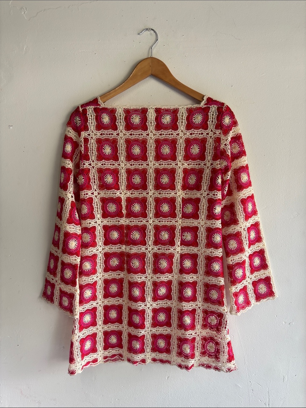 Chelsea & Violet Fuchsia and Cream Crochet Square-Pattern Long Sleeve Dress - Picture 5 of 6